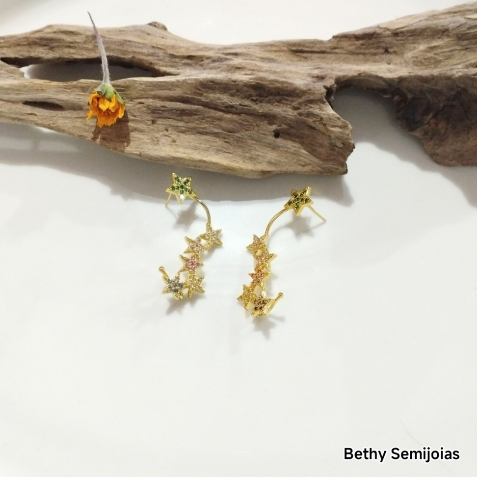 Brinco earcuff estrela cravejada colorida - #3
