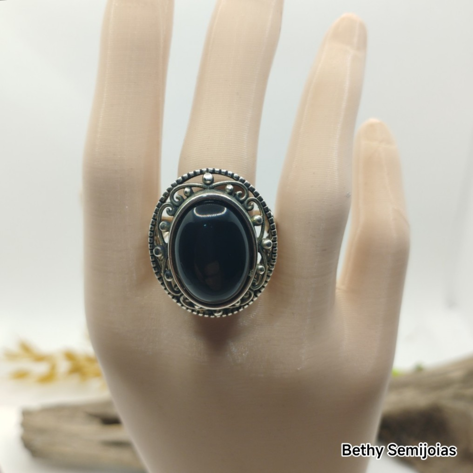 Anel vazado pedra natural Ágata oval - #4
