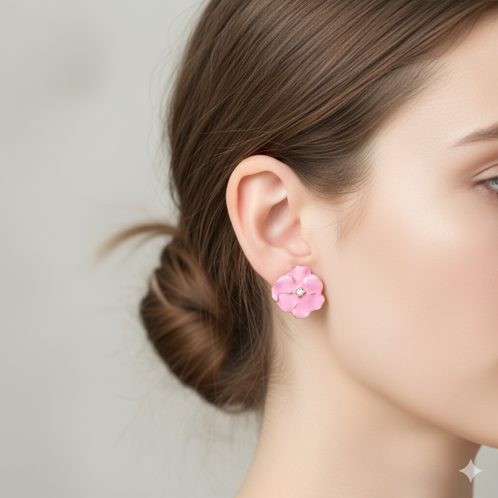 Brinco esmaltado flor rosa vivo com zirconia no meio - #2