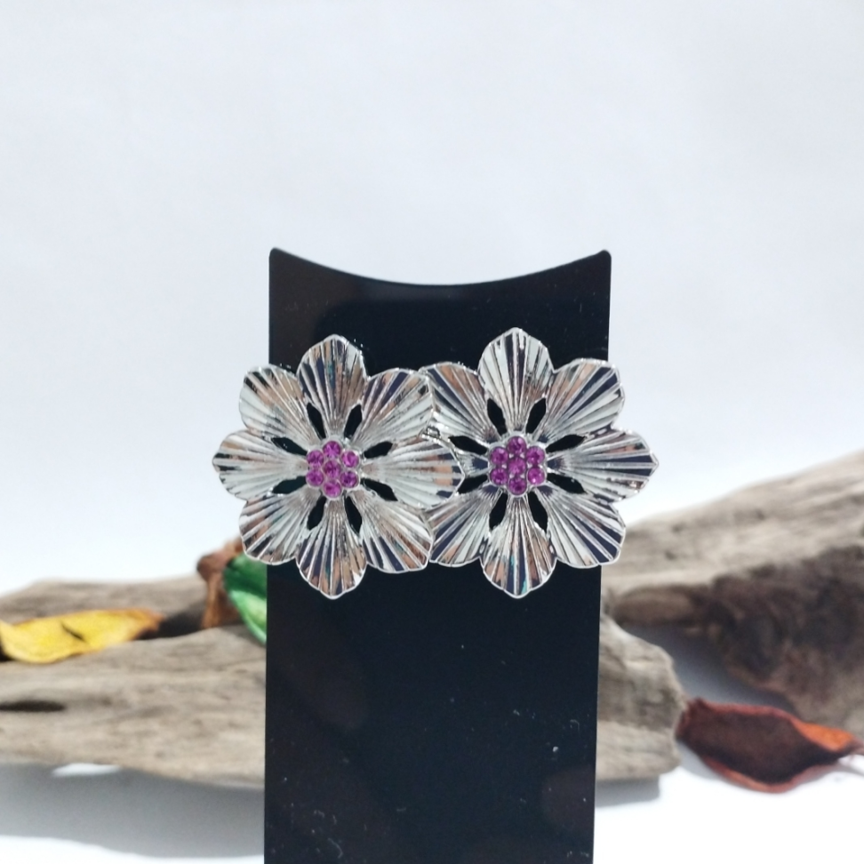 brinco flor ródio com strass pink - #2