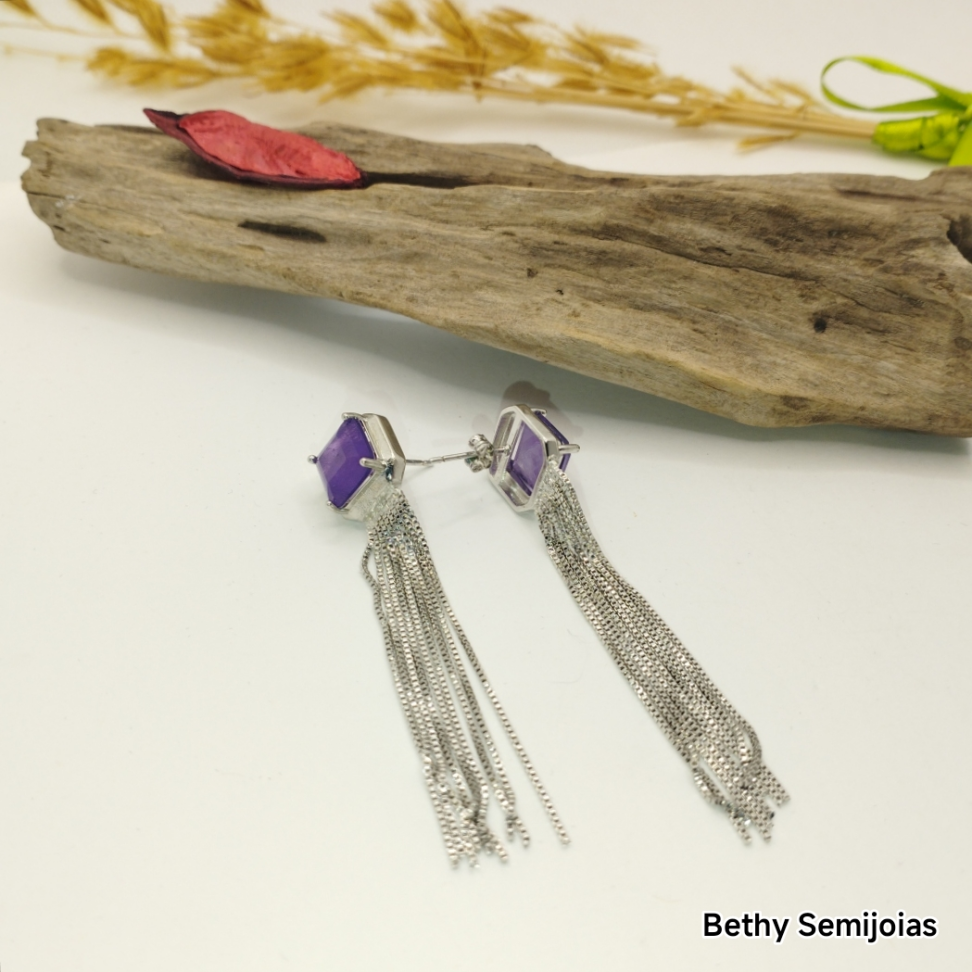 Brinco franja ródio com pedra quadrada fusion lilás - #3