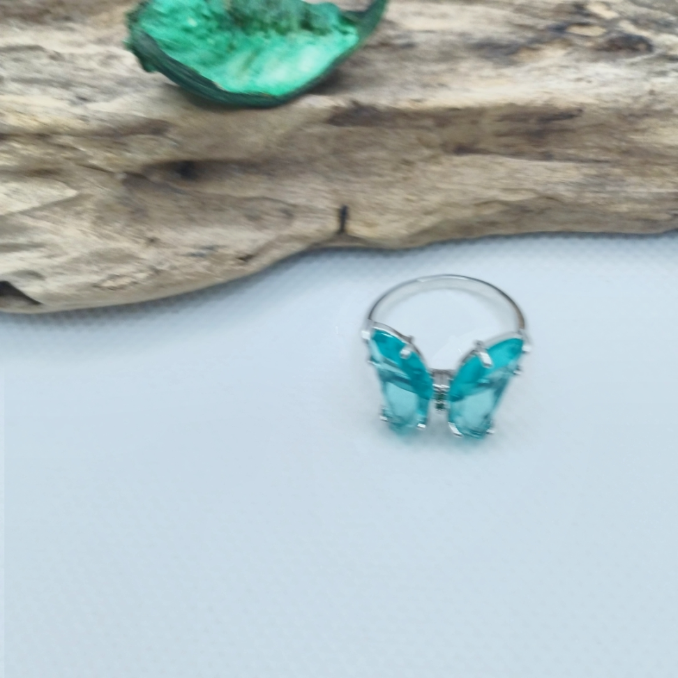Anel borboletinha de Vidro azul em ródio - #2