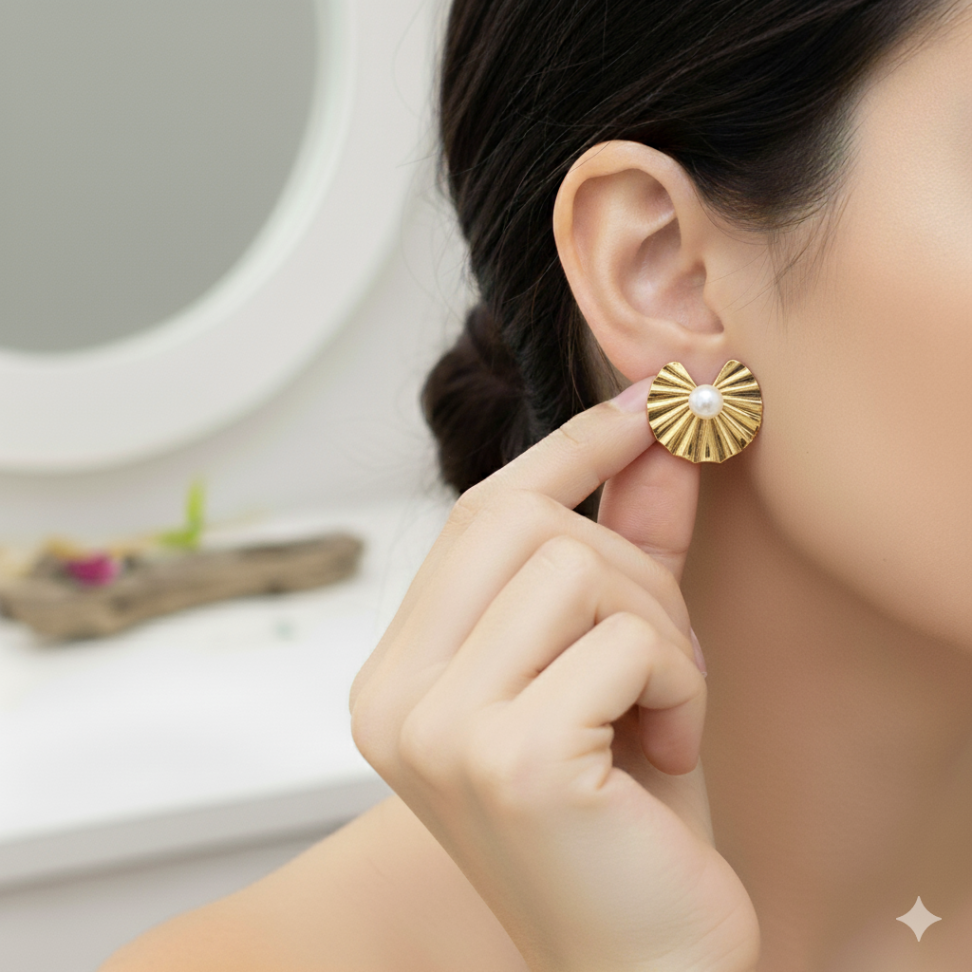 Brinco leque com uma pérola Central - #2