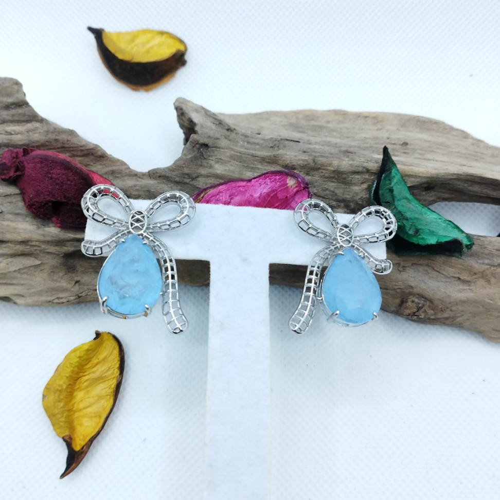 Brinco de pedra fusion com laço azul ródio - #4