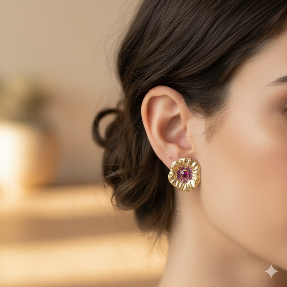 Brinco flor orgânica com pedras pink - #1