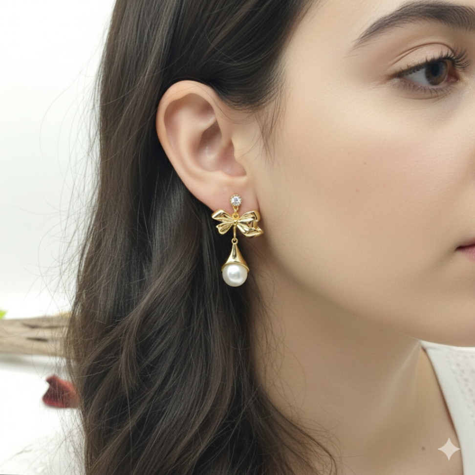 Brinco Laço  com pingente pérola folheado - #2