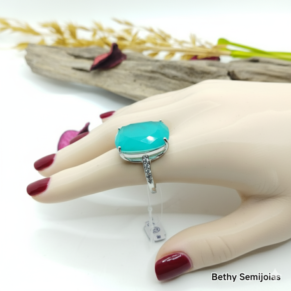 Anel pedra fusion Verde oval ródio - #2