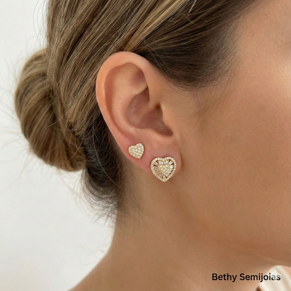 Brinco coração cravejado folheado - #1