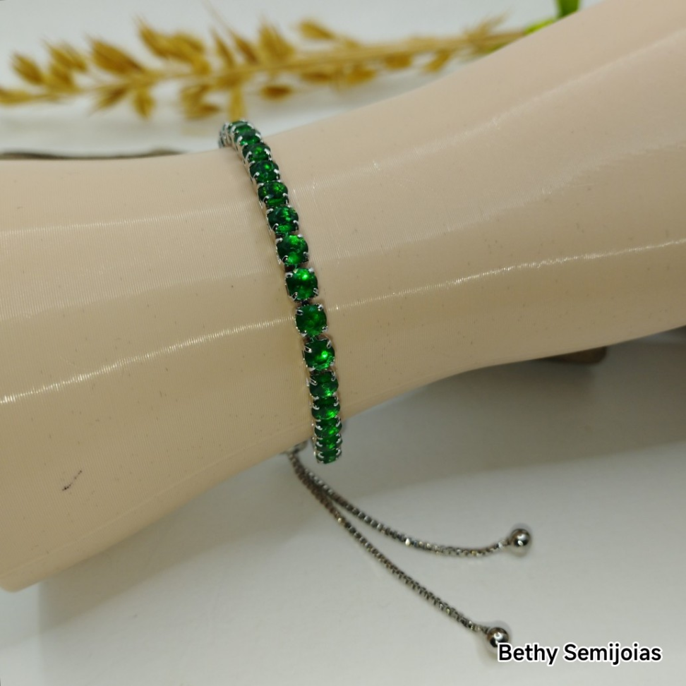 Pulseira Riviera Verde regulável em ródio - #3
