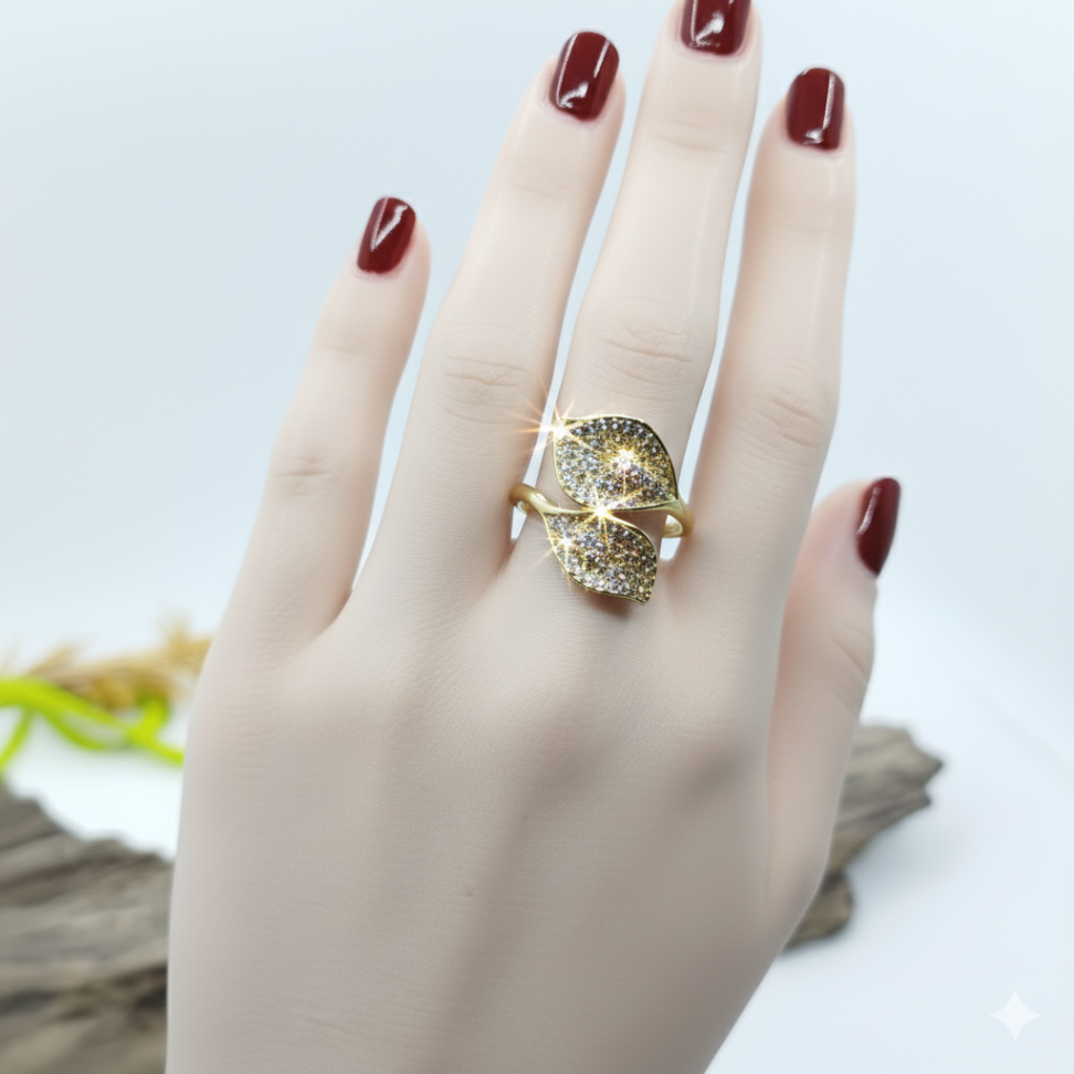 Anel duas folhas cravejadas regulável - #2