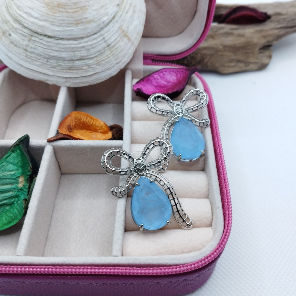 Brinco de pedra fusion com laço azul ródio - #5