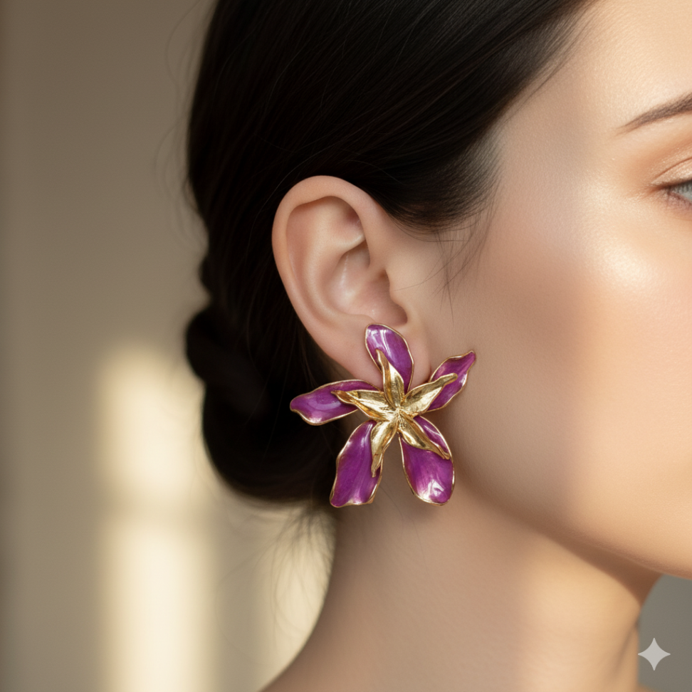 Brinco esmaltado orquídea lilás grande - #2