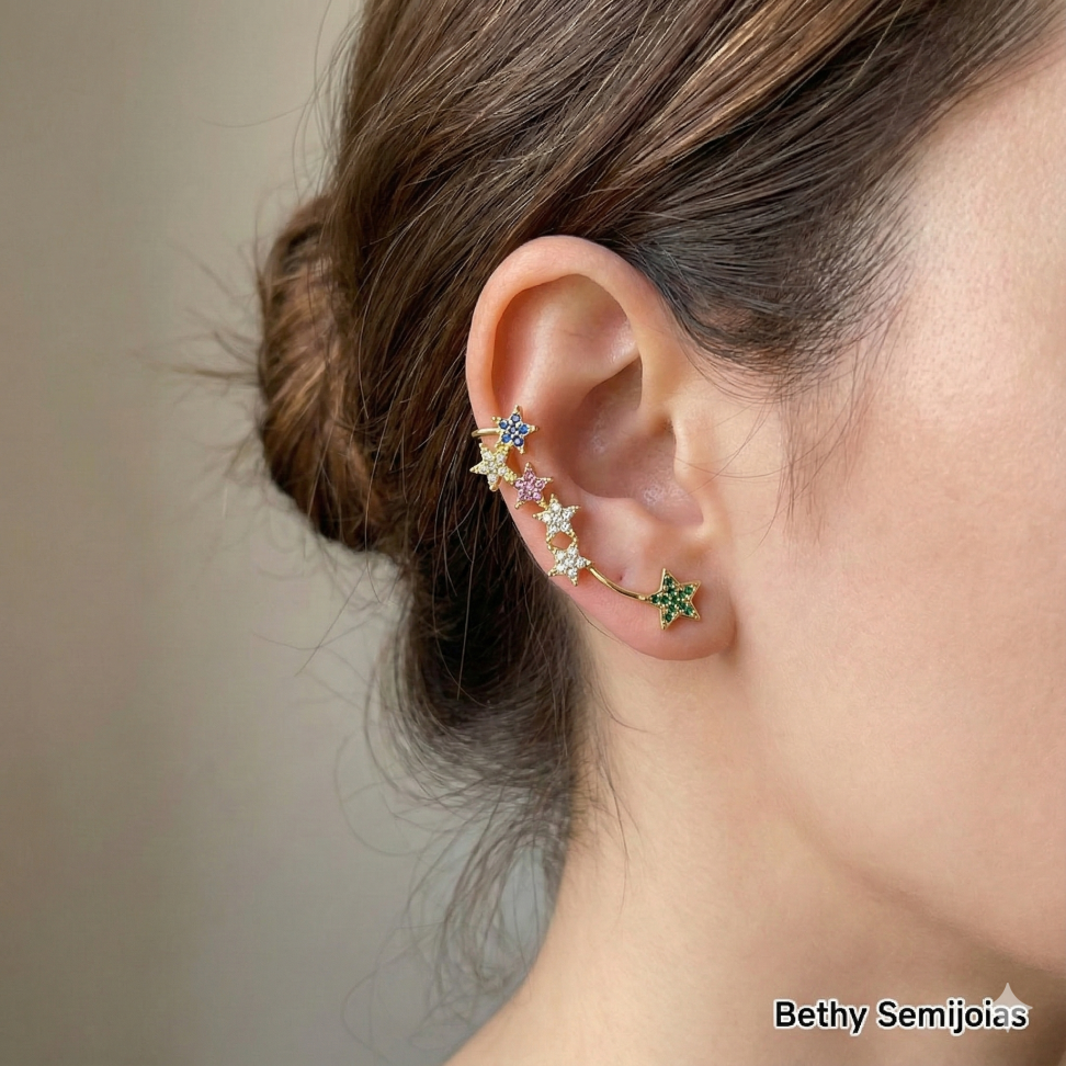 Brinco earcuff estrela cravejada colorida - #2