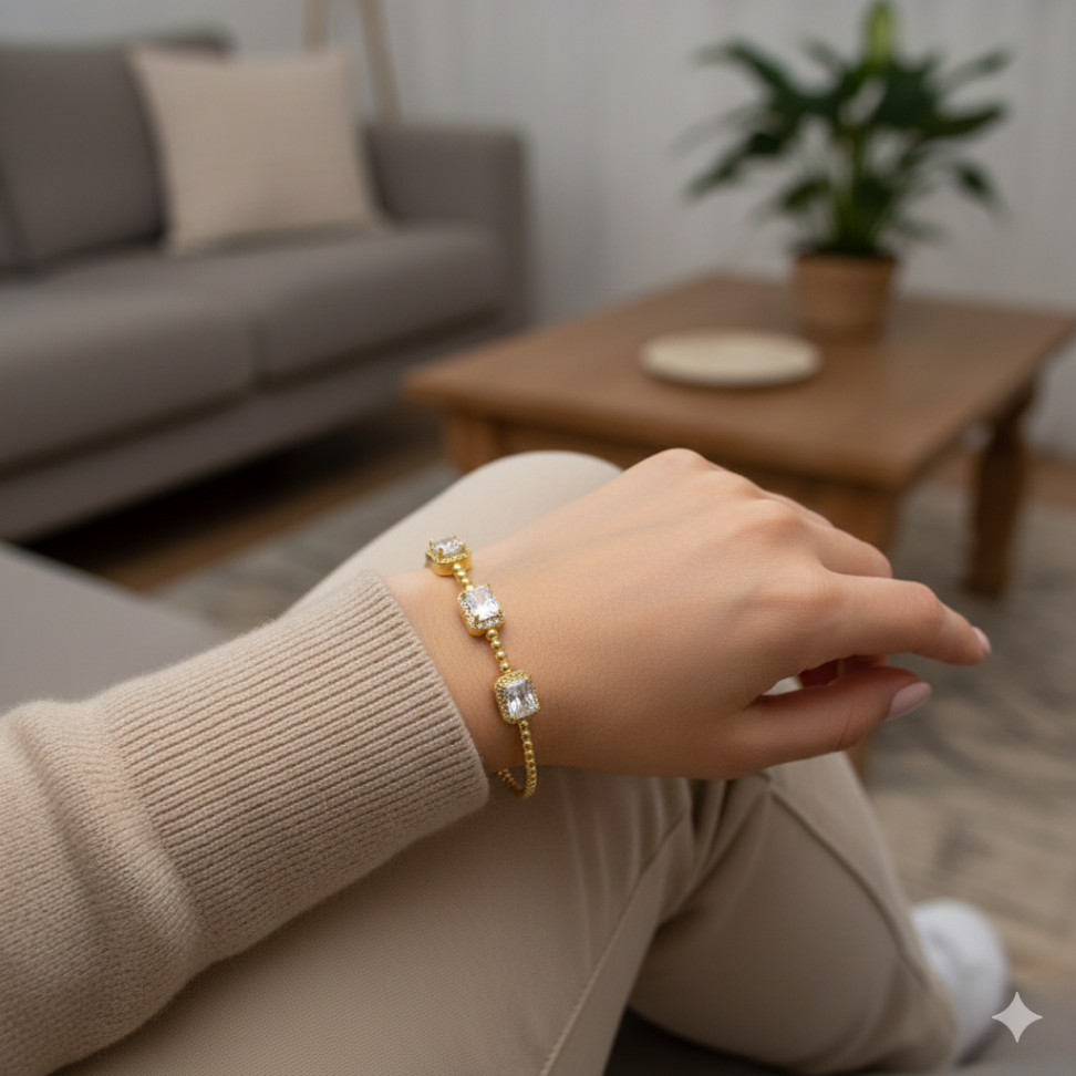 Bracelete com aro de bolinhas e retângulos silicone cravejado - #1