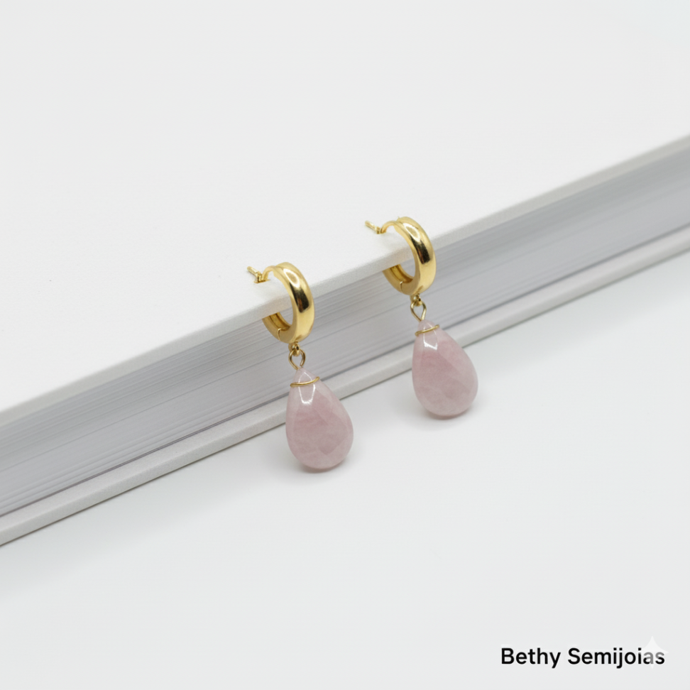 Argola folheada com pedra natural ágata goiaba - #3