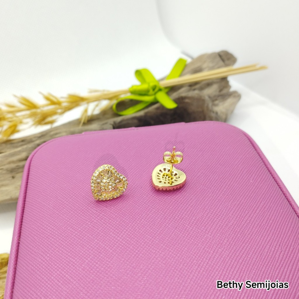 Brinco coração cravejado folheado - #1