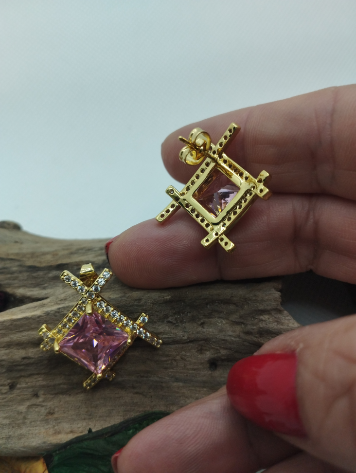 Brinco Quadrado Brilhante zircônias folheado rosa - #4