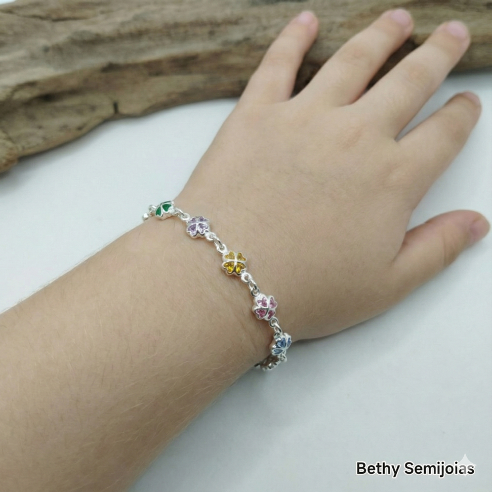 Pulseira florzinhas coloridas prata - #2