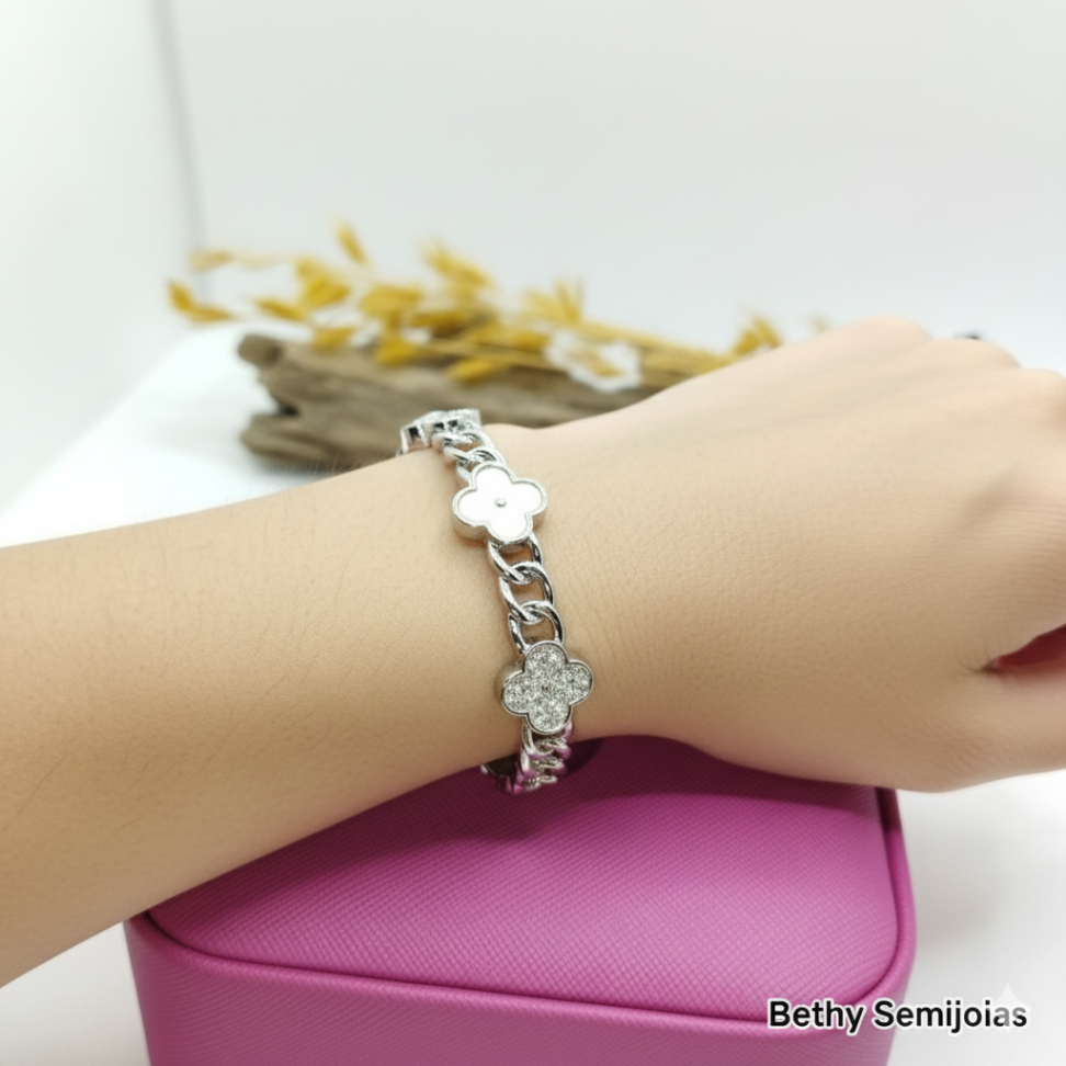 Bracelete trevos cravejado e mar de pérola ródio - #2