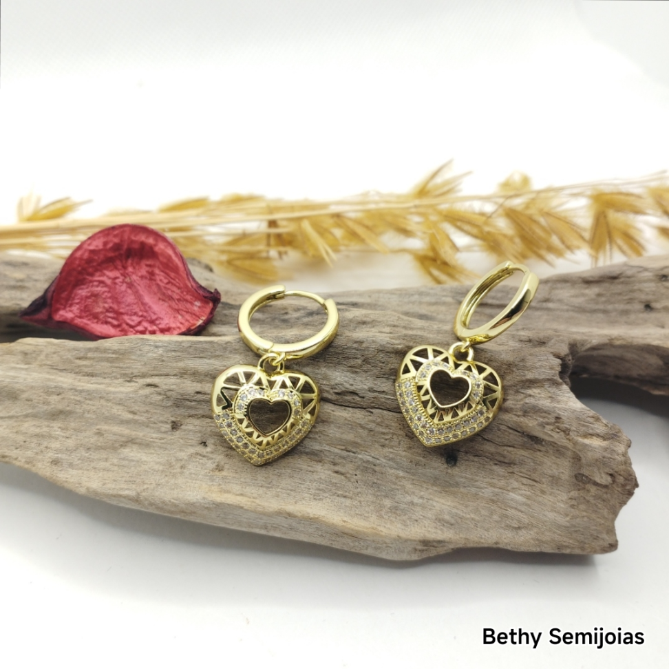 Argola coração cravejado folheado a ouro - #3