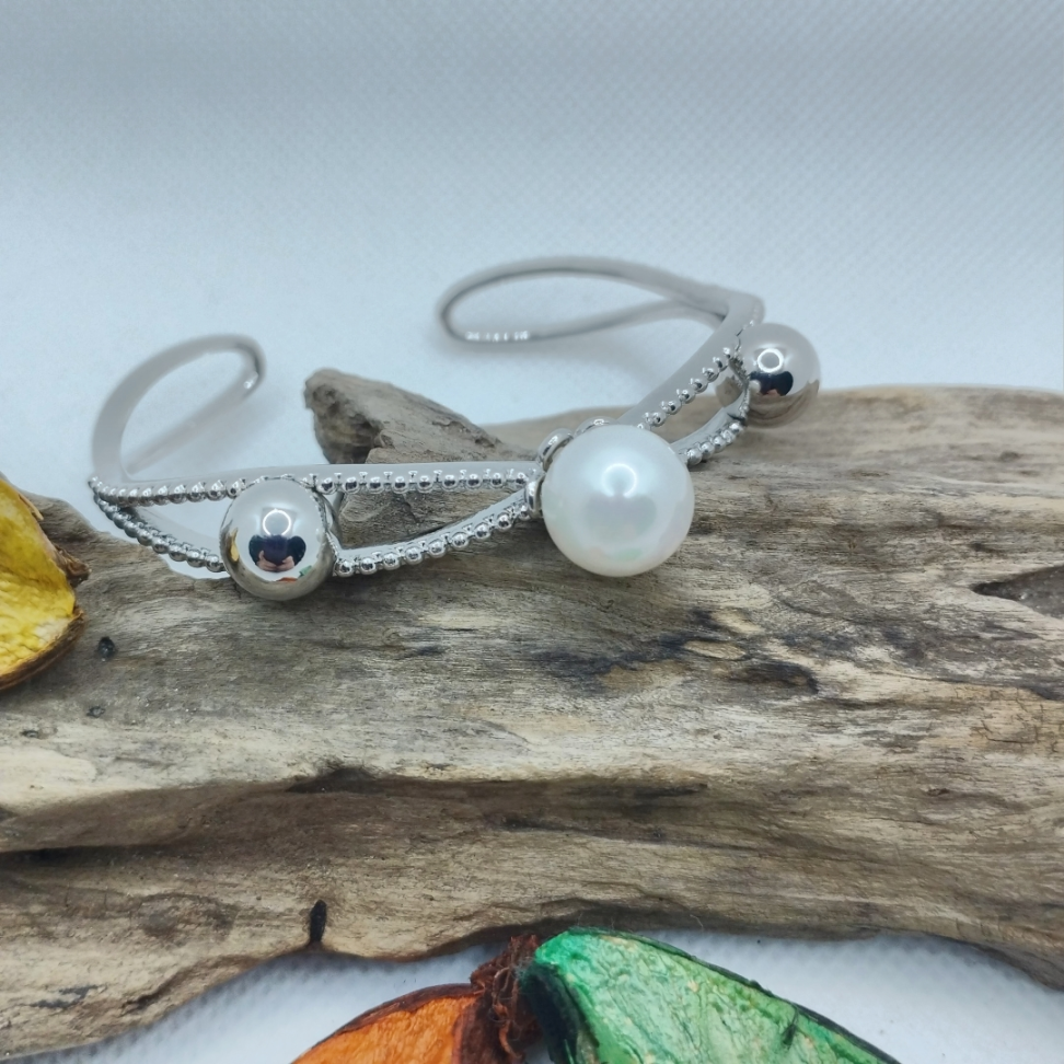 Bracelete vazado ródio com pérola - #3