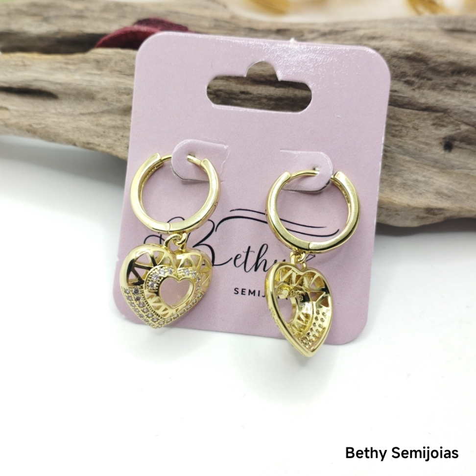 Argola coração cravejado folheado a ouro - #4