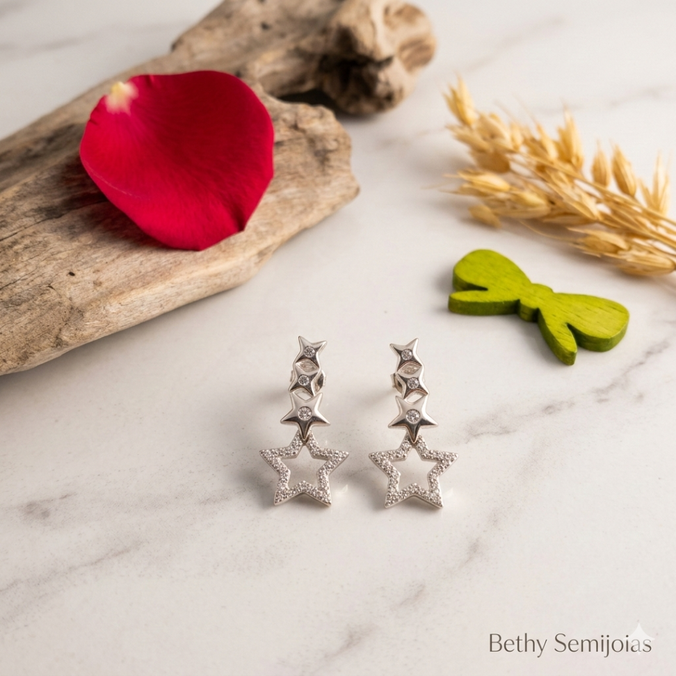 Brinco prata 925 estrelas com zircônia - #3