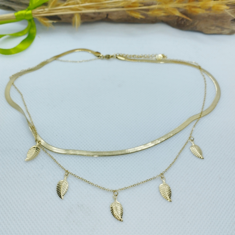 Colar Duplo fita e folha - #3
