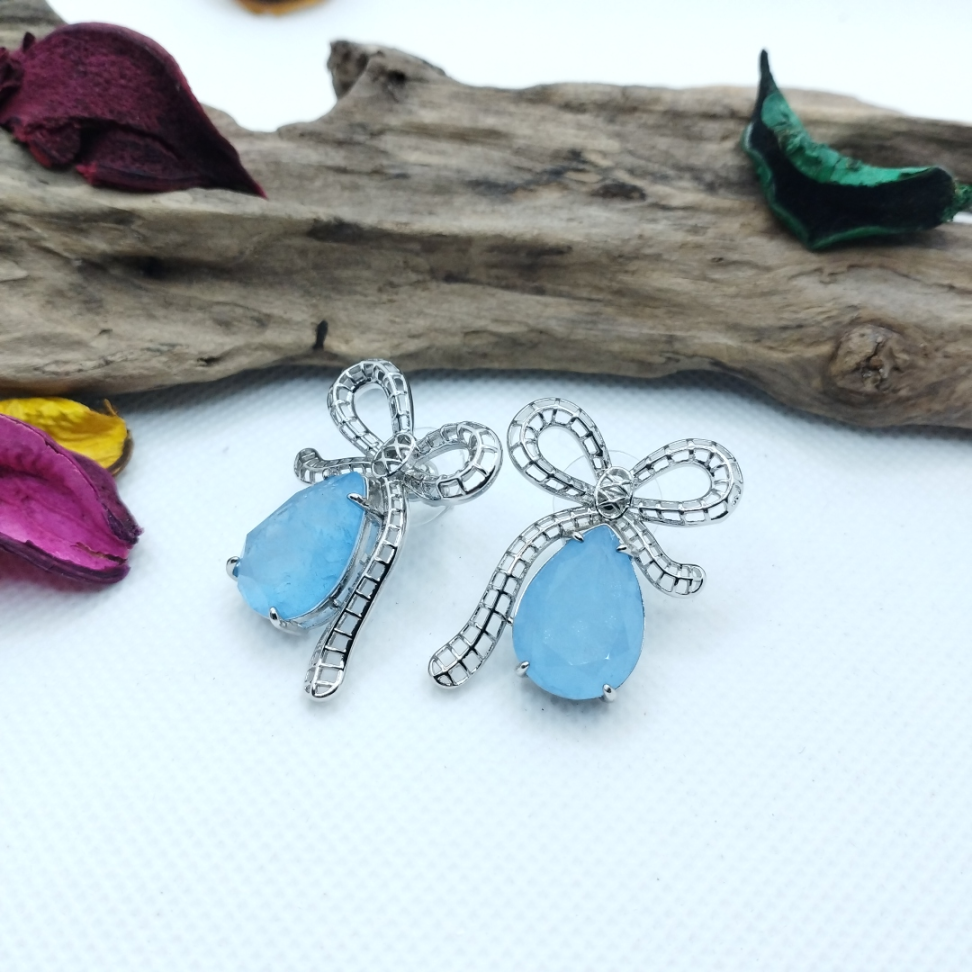 Brinco de pedra fusion com laço azul ródio - #3