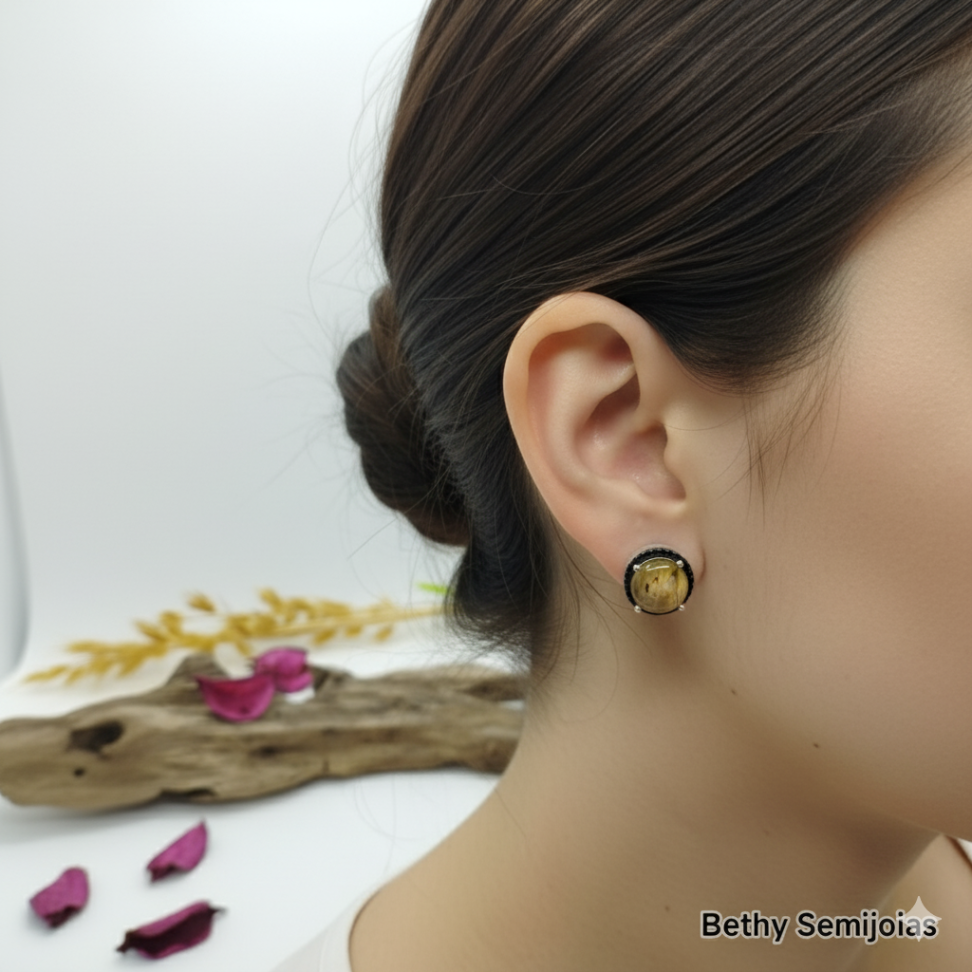 Brinco pedra marmorizada e pavê black cravejado ao redor - #2