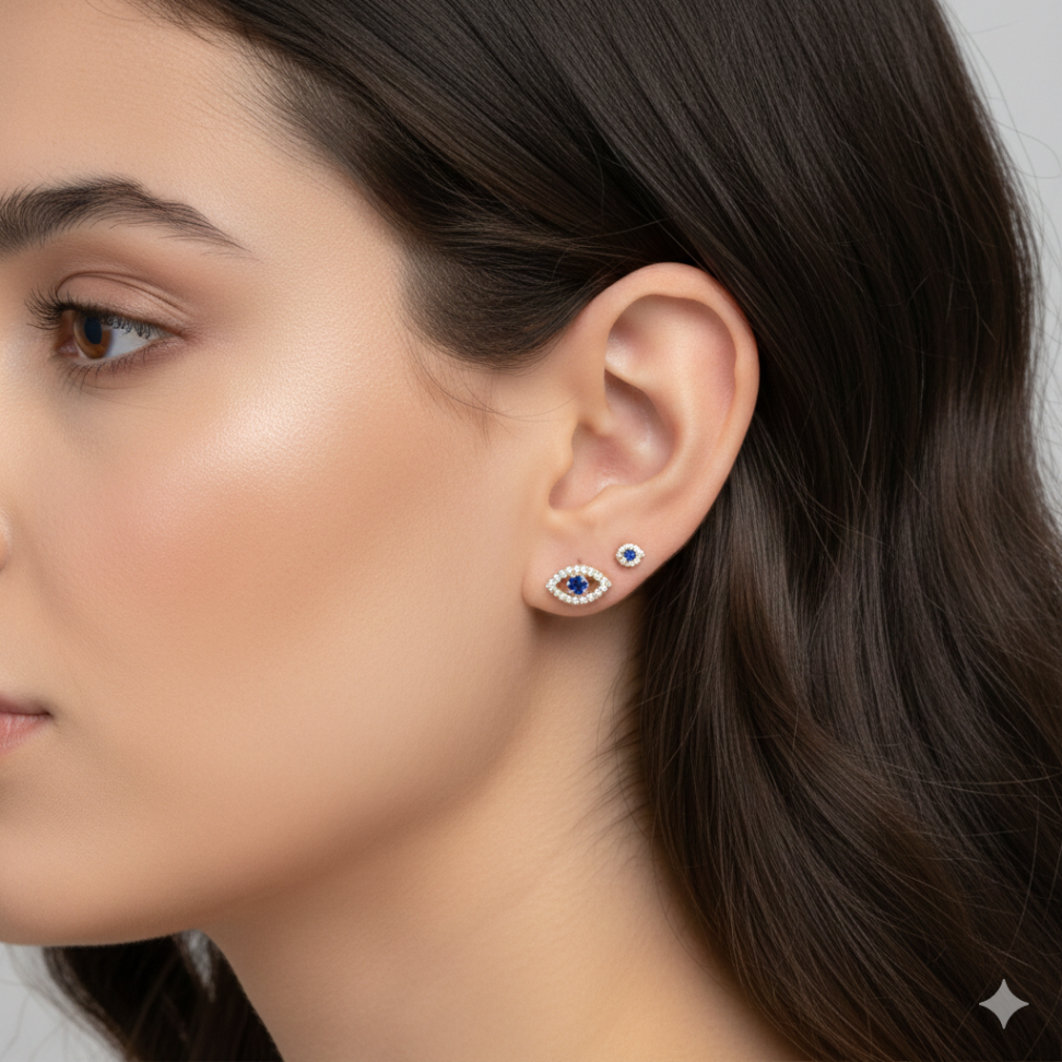 Brinco pequeno olho grego cravejado folheado a ouro - #2