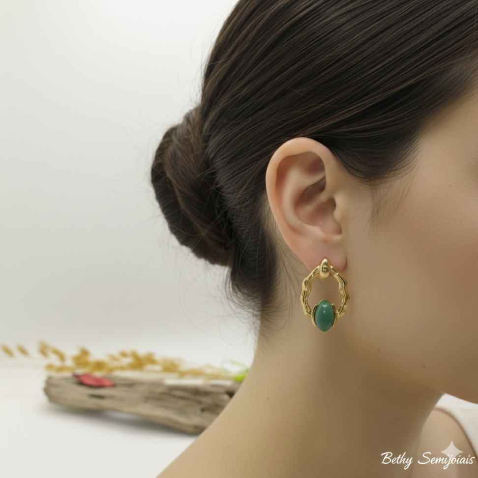 Brinco quartzo verde folheado a ouro - #2