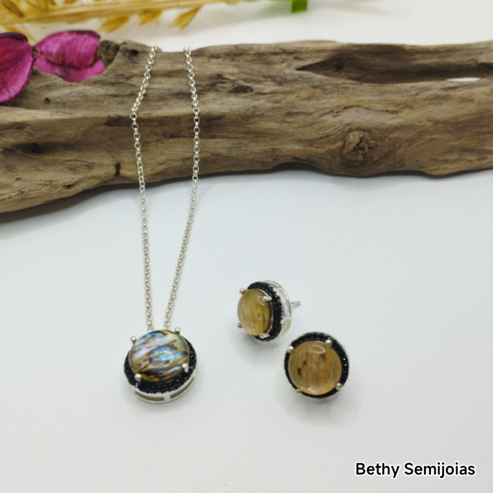 Colar pedra abalone e pavê black ao redor - #3