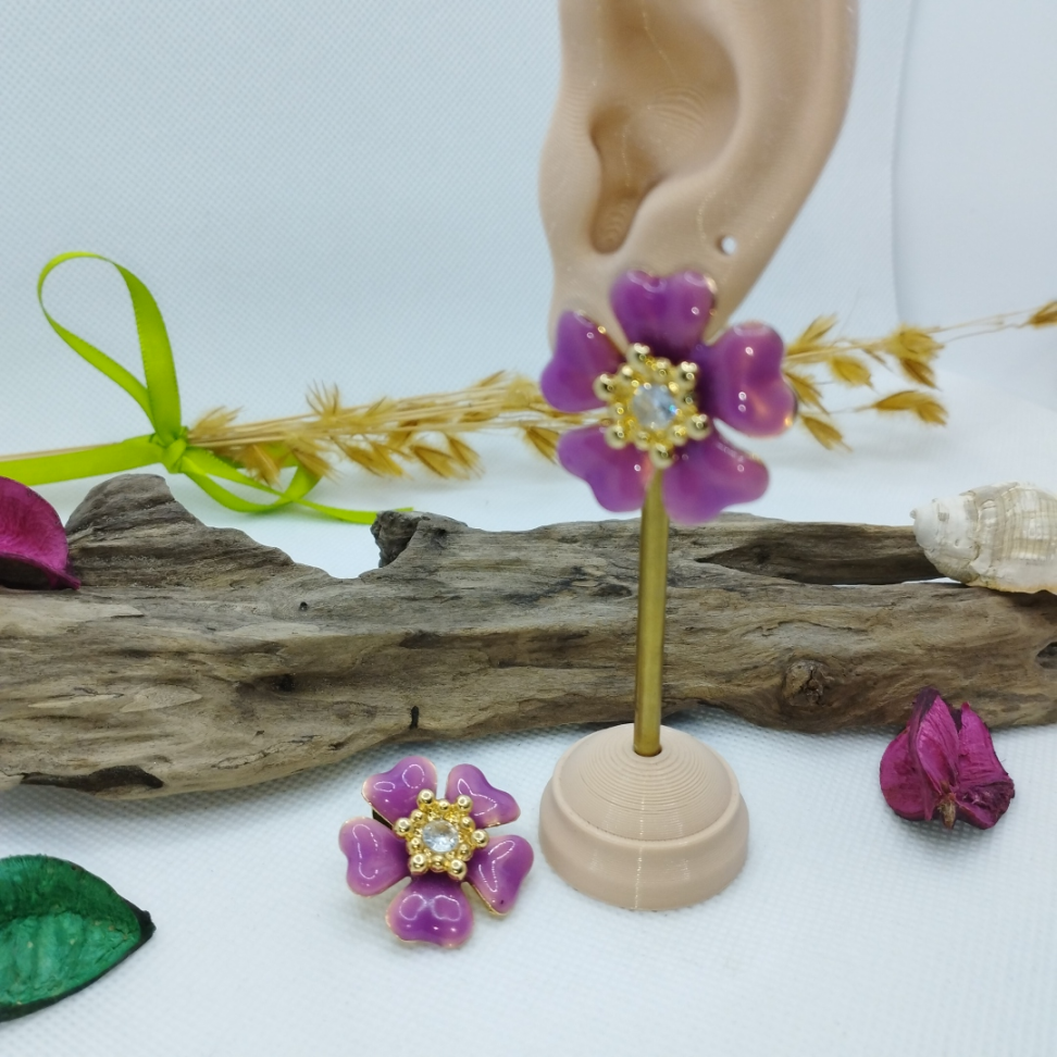 Brinco flor esmaltada rosa com zircônia no meio - #3