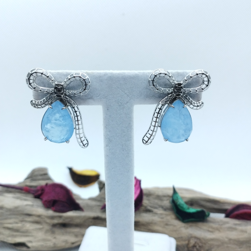 Brinco de pedra fusion com laço azul ródio - #2