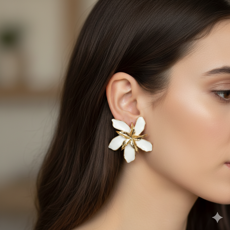 Brinco esmaltado orquidea branco grande - #2