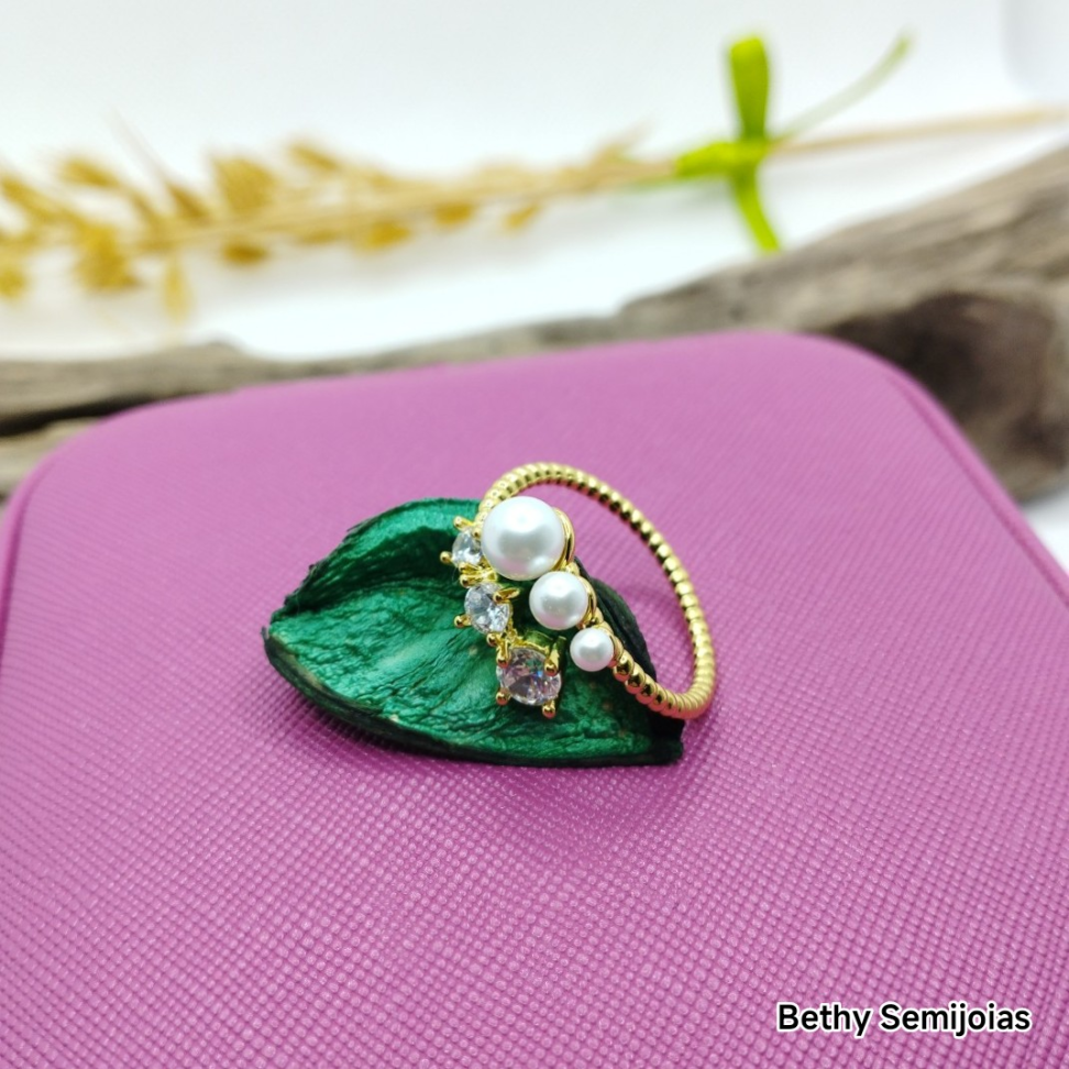 Anel pérolas e zircônias regulável - #3