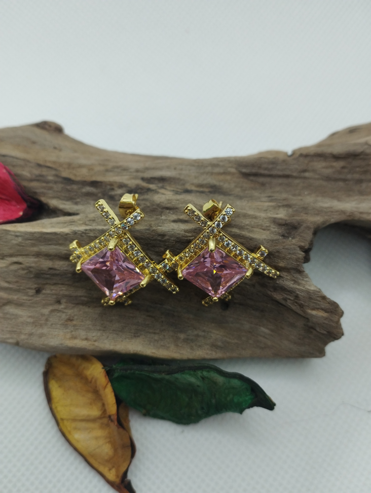 Brinco Quadrado Brilhante zircônias folheado rosa - #3