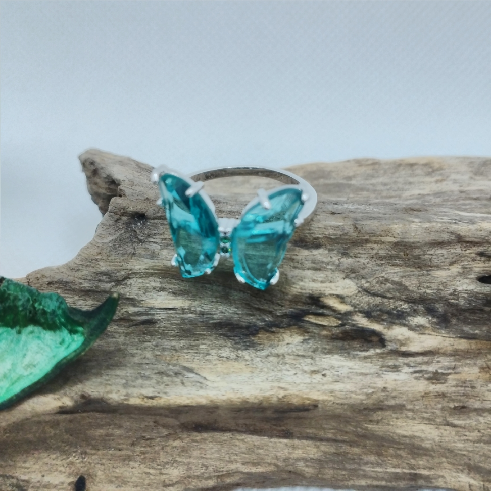 Anel borboletinha de Vidro azul em ródio - #3