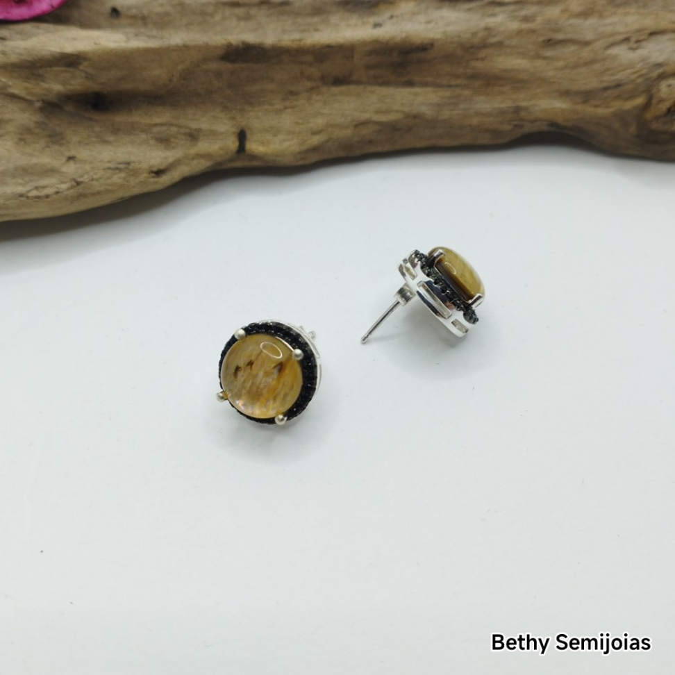 Brinco pedra marmorizada e pavê black cravejado ao redor - #3