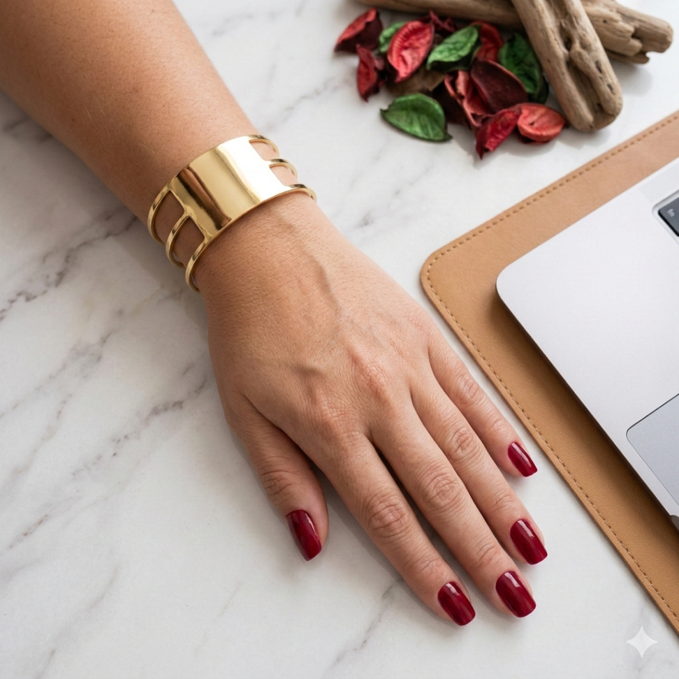 Bracelete grosso liso vazado folheado a ouro - #2