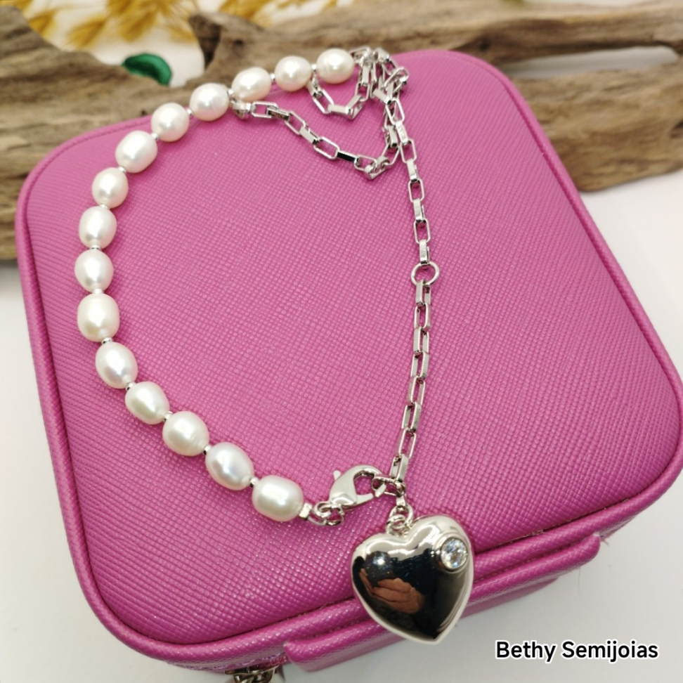 Chocker pérola Shell e corrente Cartier pingente coração ródio - #3