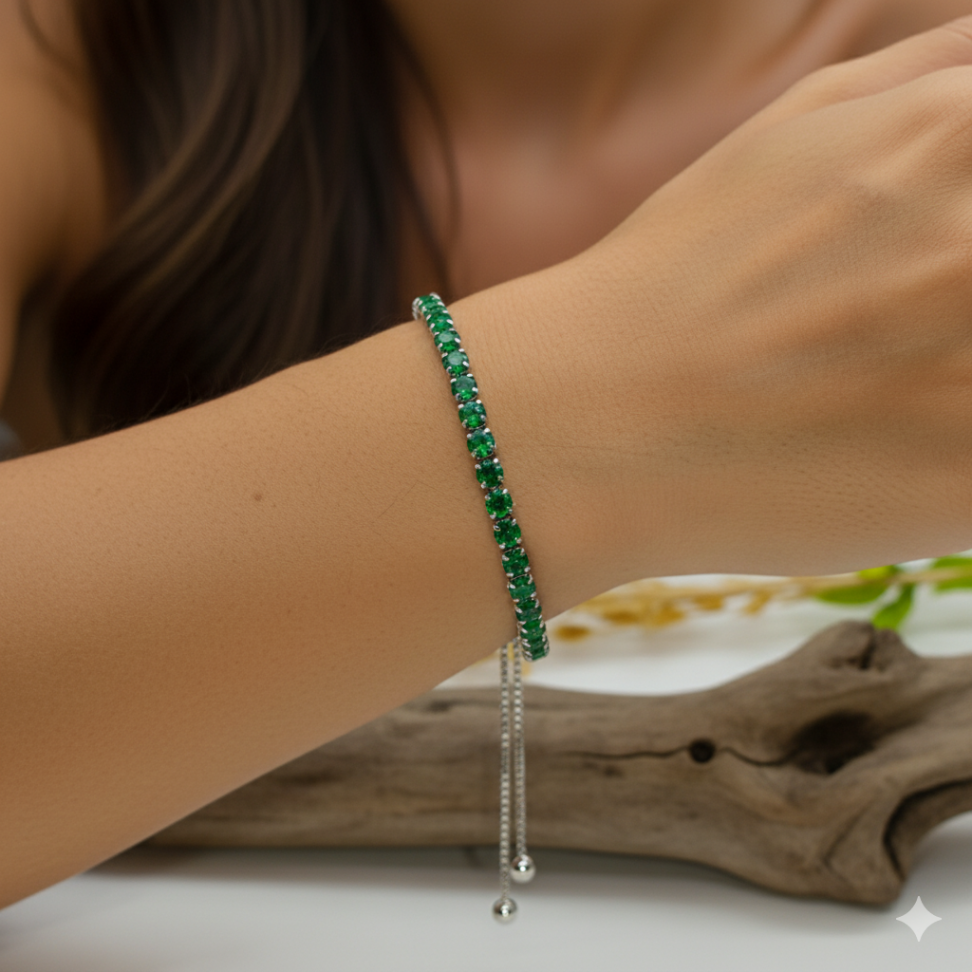 Pulseira Riviera Verde regulável em ródio - #2