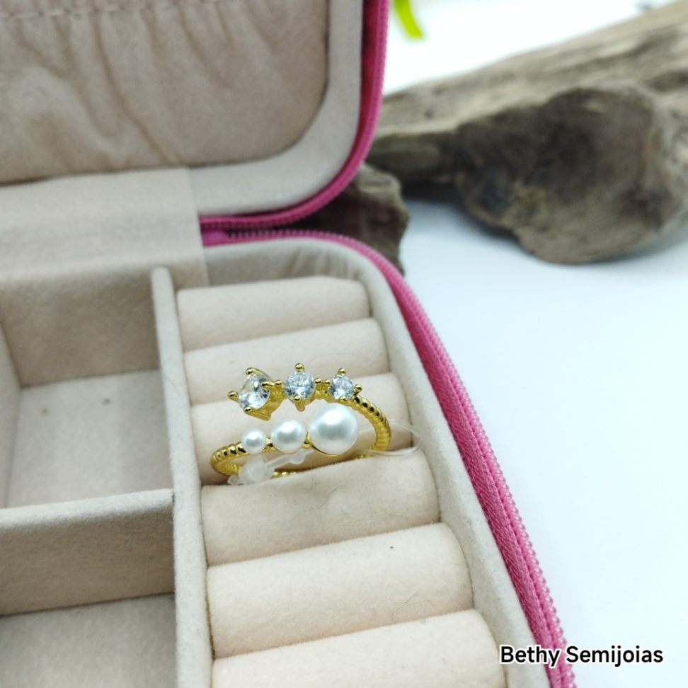 Anel pérolas e zircônias regulável - #2