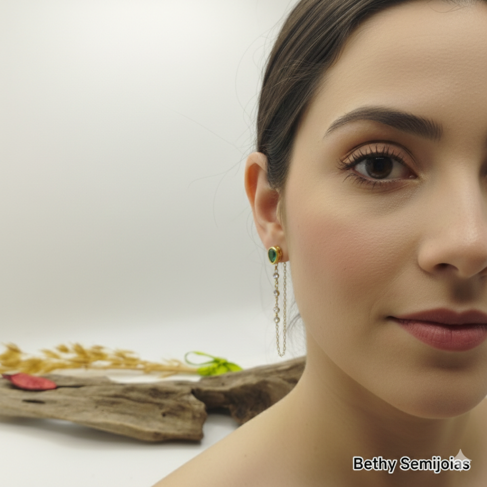 Brinco gota verde zircônia com corrente - #2