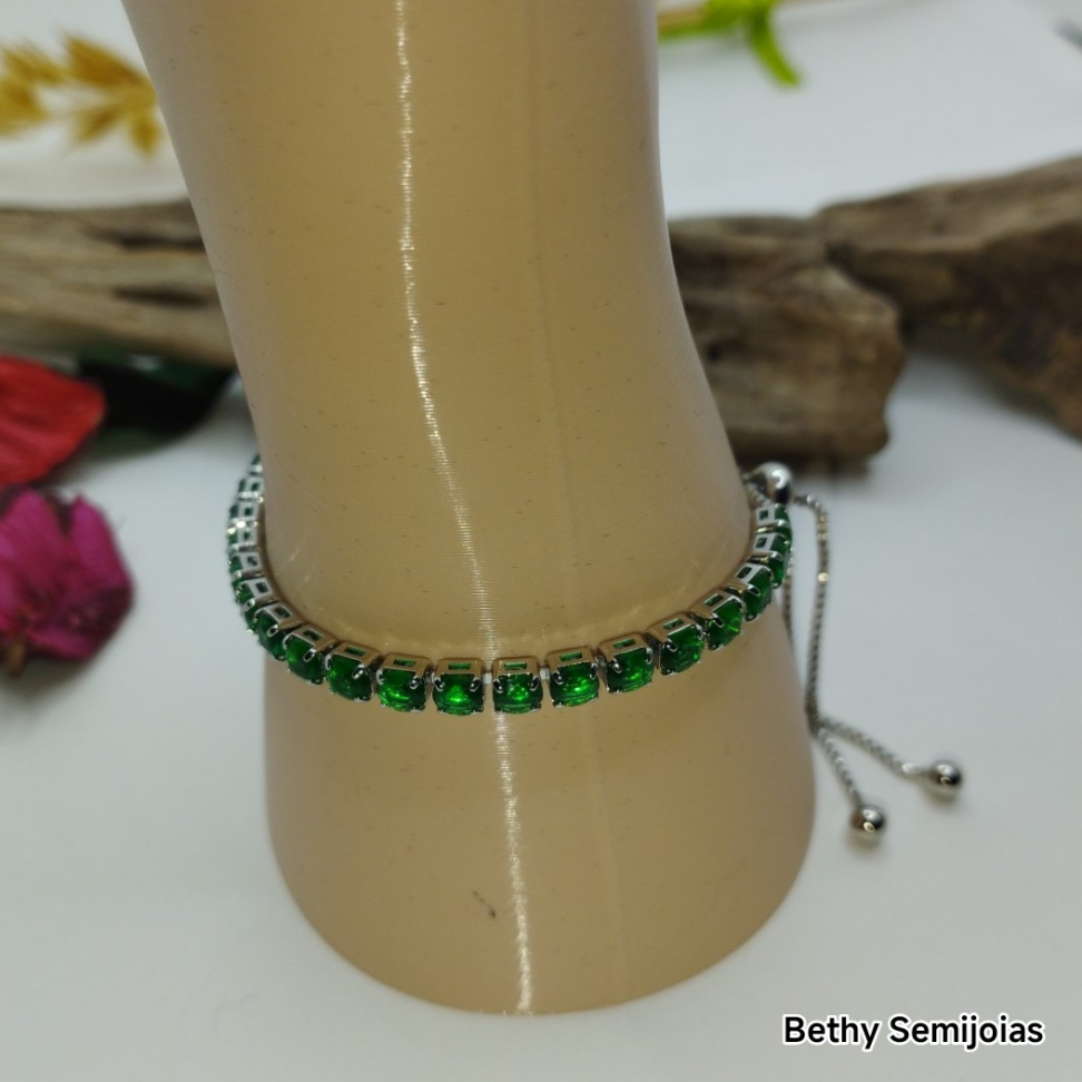 Pulseira Riviera Verde regulável em ródio - #4