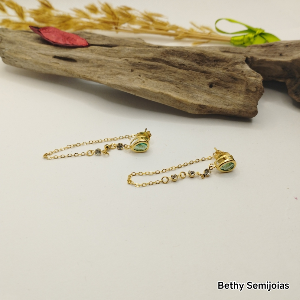 Brinco gota verde zircônia com corrente - #3