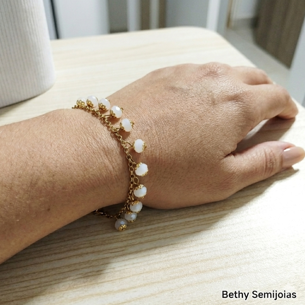 Pulseira pingente cristal branco folheado a ouro