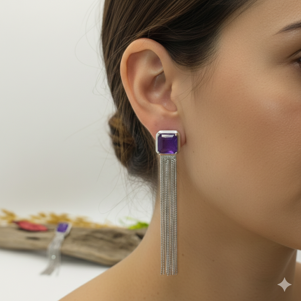 Brinco franja ródio com pedra quadrada fusion lilás - #2