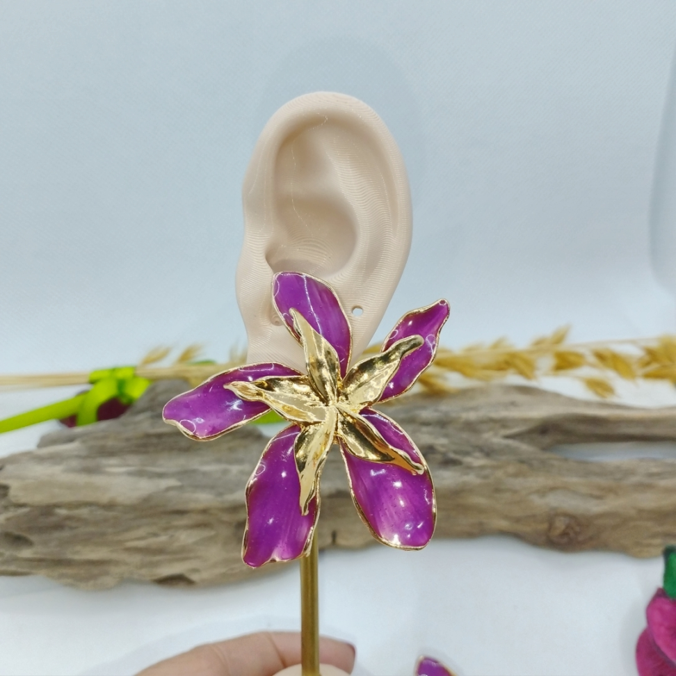 Brinco esmaltado orquídea lilás grande - #3